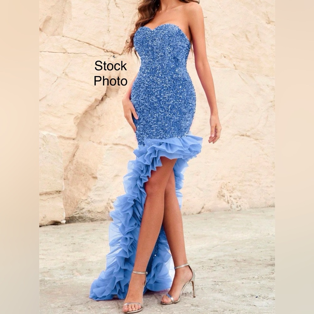 Faeriesty NWT Blue Strapless Velour Sequin Ruffle Prom Formal Dress Sz. XS - Picture 2 of 7